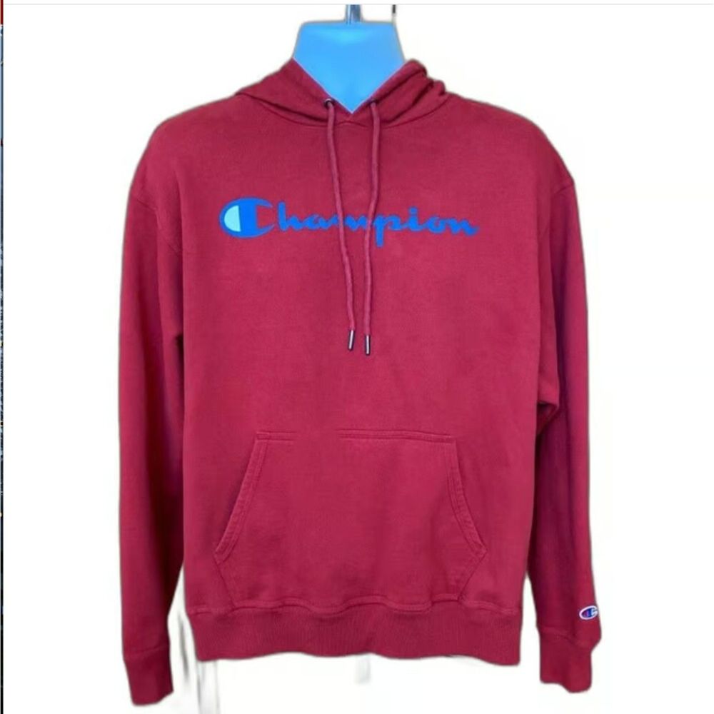 Champion Spell Out Script Logo Pullover Red Hoodie w/ Pocket Men's Size Large